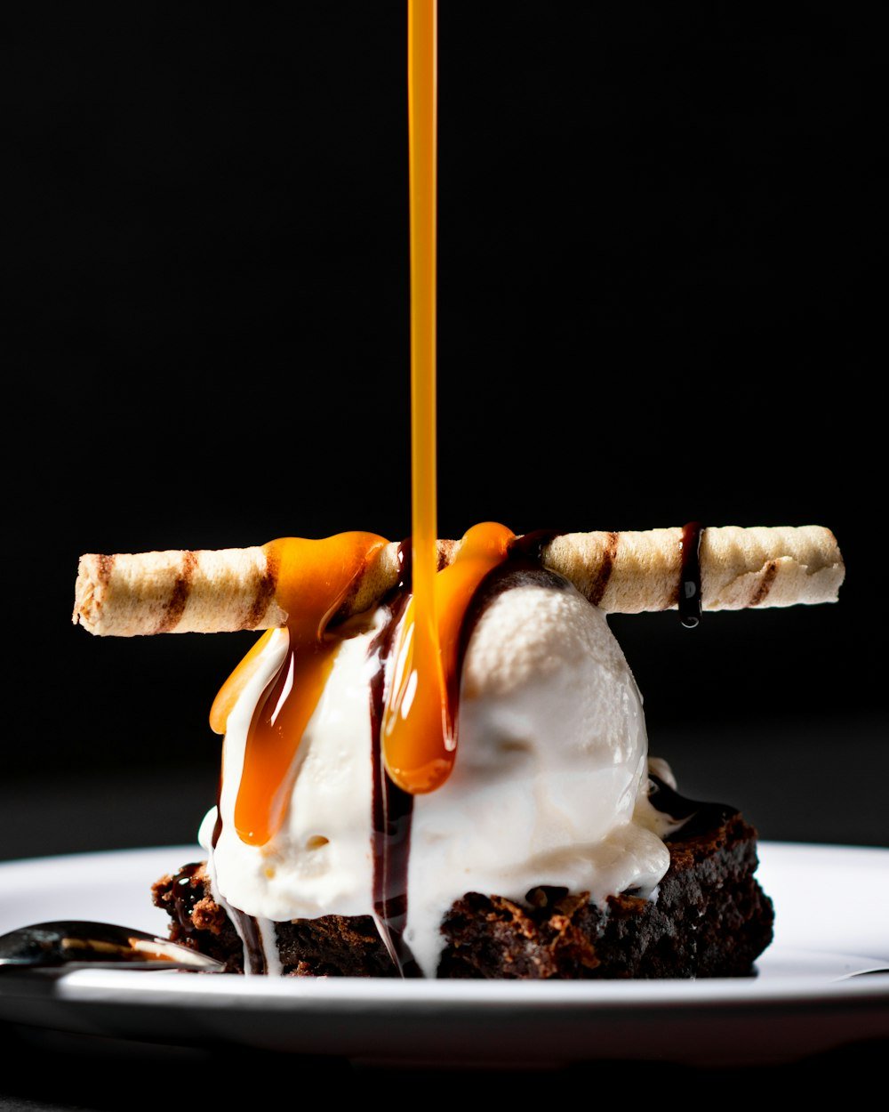 A dessert being plated